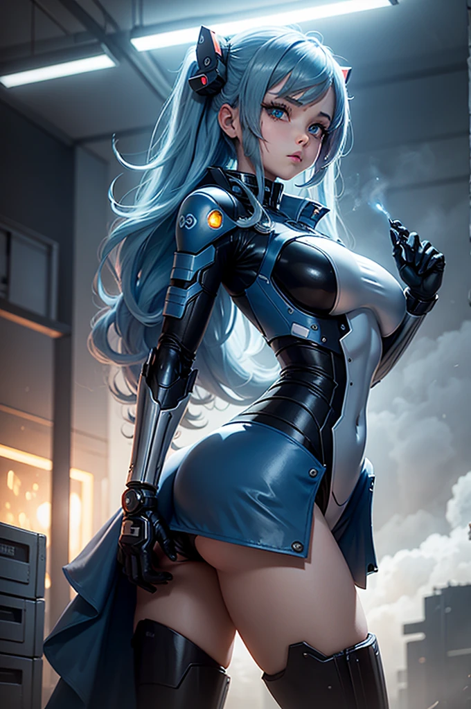View from below angle from below girl mecha half cyborg, modifications, She has a curvy figure but a narrow waist., she has long blue hair, with blue eyes, with a gas mask on his face, cybernetic suit blue, costume parts with blue lights and LEDs, a multitude of glowing blue lines and lights, hands prosthetics, gorgeous body, short sports shorts that highlight her big wide hips, but it is covered by a mechanical suit, flat horizon photo, anime style pictures, на backgroundе изображения синее небо, clouds and lights and glare in large quantities, and also blue fog and smoke , background: blue sky with clouds