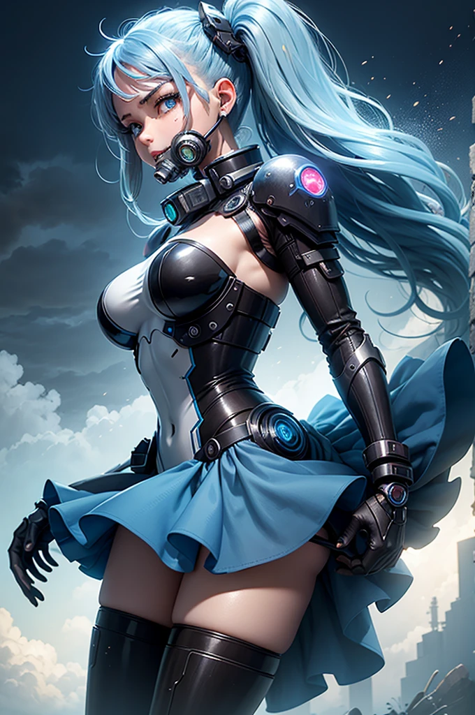 View from below angle from below girl mecha half cyborg, modifications, She has a curvy figure but a narrow waist., she has long blue hair, with blue eyes, with a gas mask on his face, cybernetic suit blue, costume parts with blue lights and LEDs, a multitude of glowing blue lines and lights, hands prosthetics, gorgeous body, short sports shorts that highlight her big wide hips, but it is covered by a mechanical suit, flat horizon photo, anime style pictures, на backgroundе изображения синее небо, clouds and lights and glare in large quantities, and also blue fog and smoke , background: blue sky with clouds