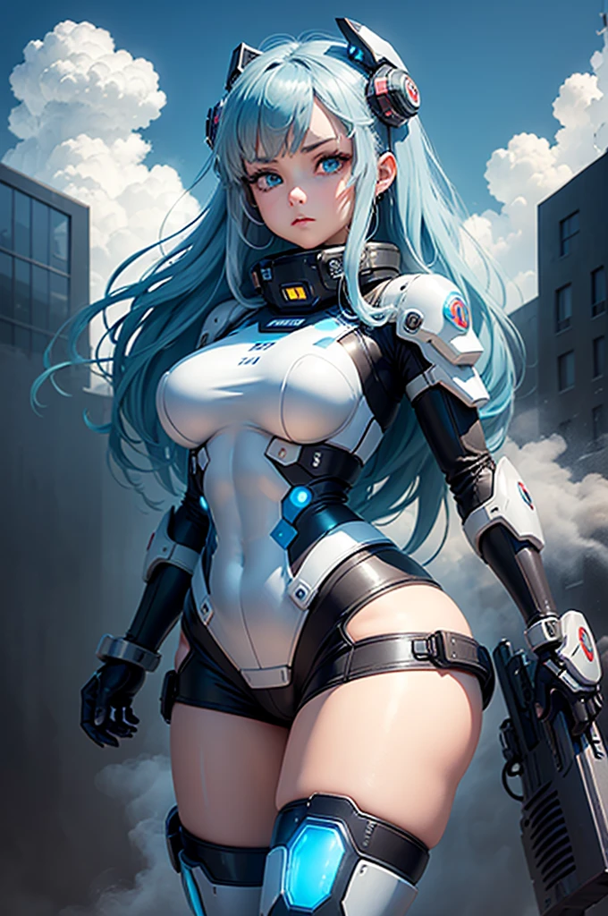 View from below angle from below girl mecha half cyborg, modifications, She has a curvy figure but a narrow waist., she has long blue hair, with blue eyes, with a gas mask on his face, cybernetic suit blue, costume parts with blue lights and LEDs, a multitude of glowing blue lines and lights, hands prosthetics, gorgeous body, short sports shorts that highlight her big wide hips, but it is covered by a mechanical suit, flat horizon photo, anime style pictures, на backgroundе изображения синее небо, clouds and lights and glare in large quantities, and also blue fog and smoke , background: blue sky with clouds