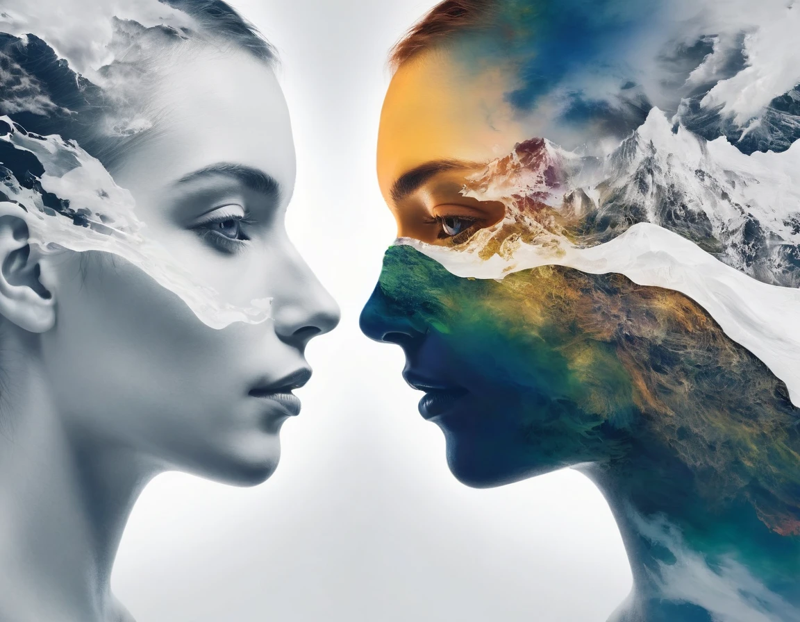 Combine two faces with a human shape, creating an avant-garde composition that awakens interpretation of indecision, doubt and creativity, resulting in a captivating and artistic double exposure. with their faces interconnected so that it looks like they are melting