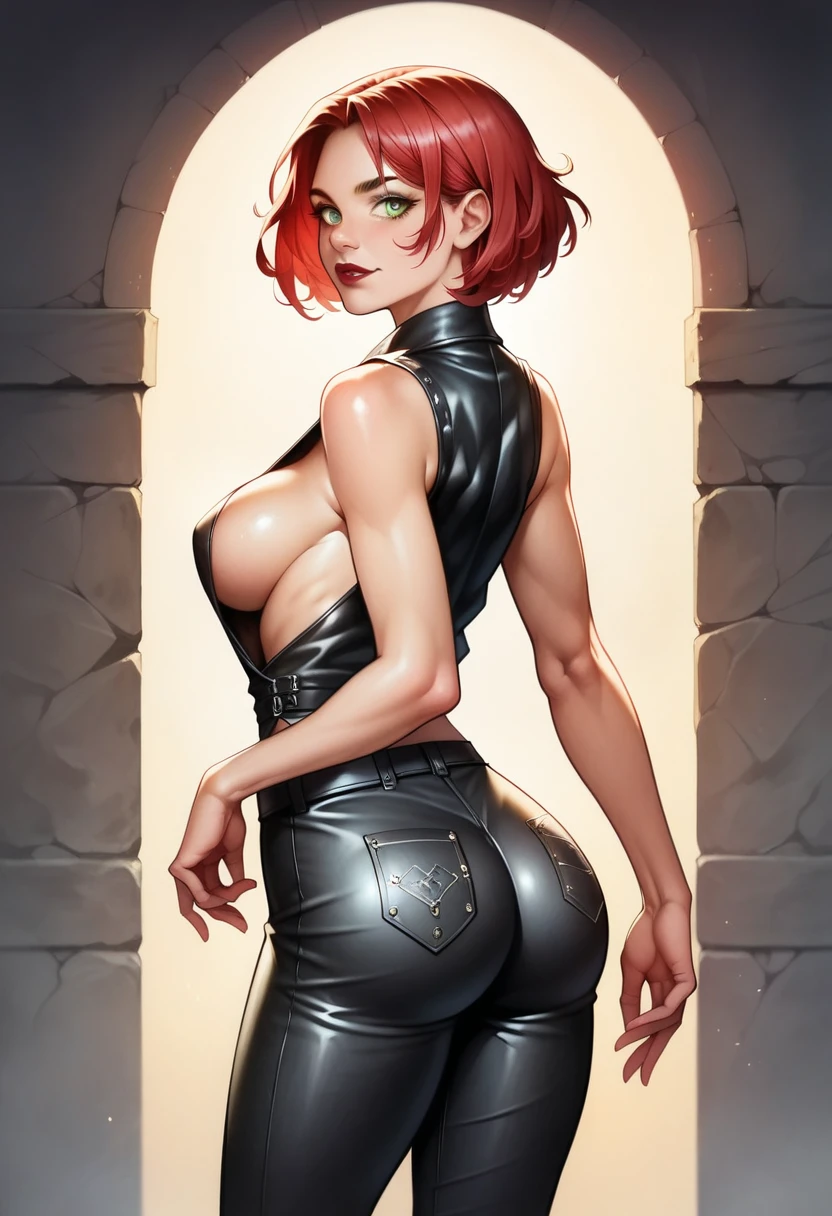 (high-level image quality), (high quality), (high resolution), (detailed), (masterpiece), beautiful woman, ((caucasian)), green eyes, red hair, short hair, dark red lipstick, busty, slender body, Detailed eyes, perfect eyes, Detailed face, leather pants, leather vest, back view