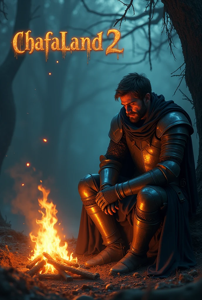 A medieval knight sitting around a campfire, with the text "ChafaLand 2" with a sombre design inspired by dark fantasy.