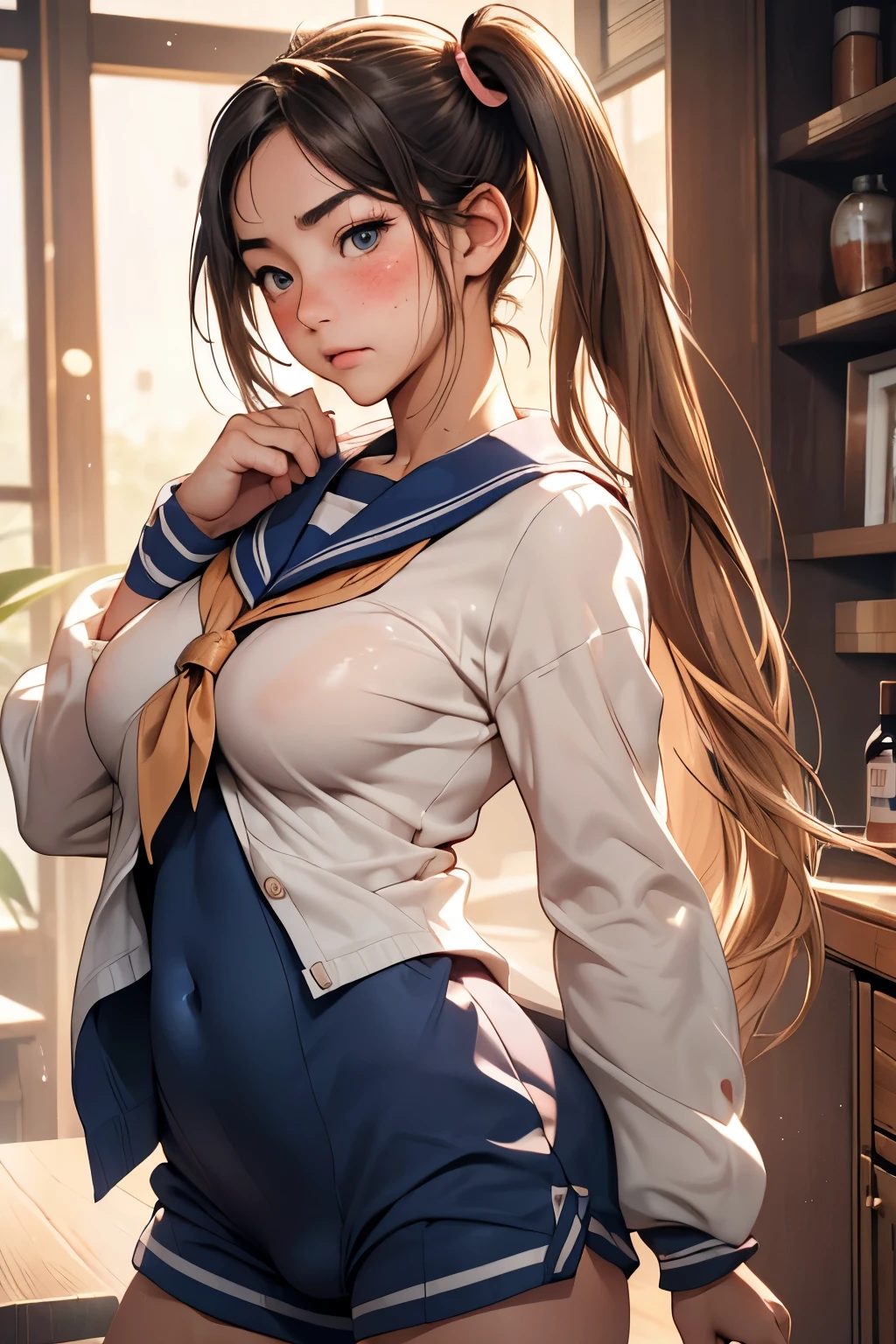 , (spread :1.5),, ( squeeze:1.3),（masterpiece:1.3), (8k, Photorealistic, RAW Photos, Best image quality: 1.4), Japanese, (1 female), Beautiful Face, Idol face、round face,A little small chin, (A vivid face),Young, (High Twintails:1.3), Beautiful hairstyle, Hair fluttering in the wind、Realistic eyes, Beautiful Eyes, ,Round eyes,(Realistic Skin), Beautiful Skin, Charm, Ultra-high resolution, Surreal, Attention to detail, Golden Ratio, Detail Makeup,Seeing the viewer,Small breasts、Thin pubic hair、(Baby Face:1.2)、Wet sailor suit、Light freckles、(whole body:137cm) 、１４age、cute、Sprinting、information、Full body shot,embarrassed,blush,masturbation, , ,(embarrassed,blush:1.5),low angle full body shot,short eyebrows,blush, angry,