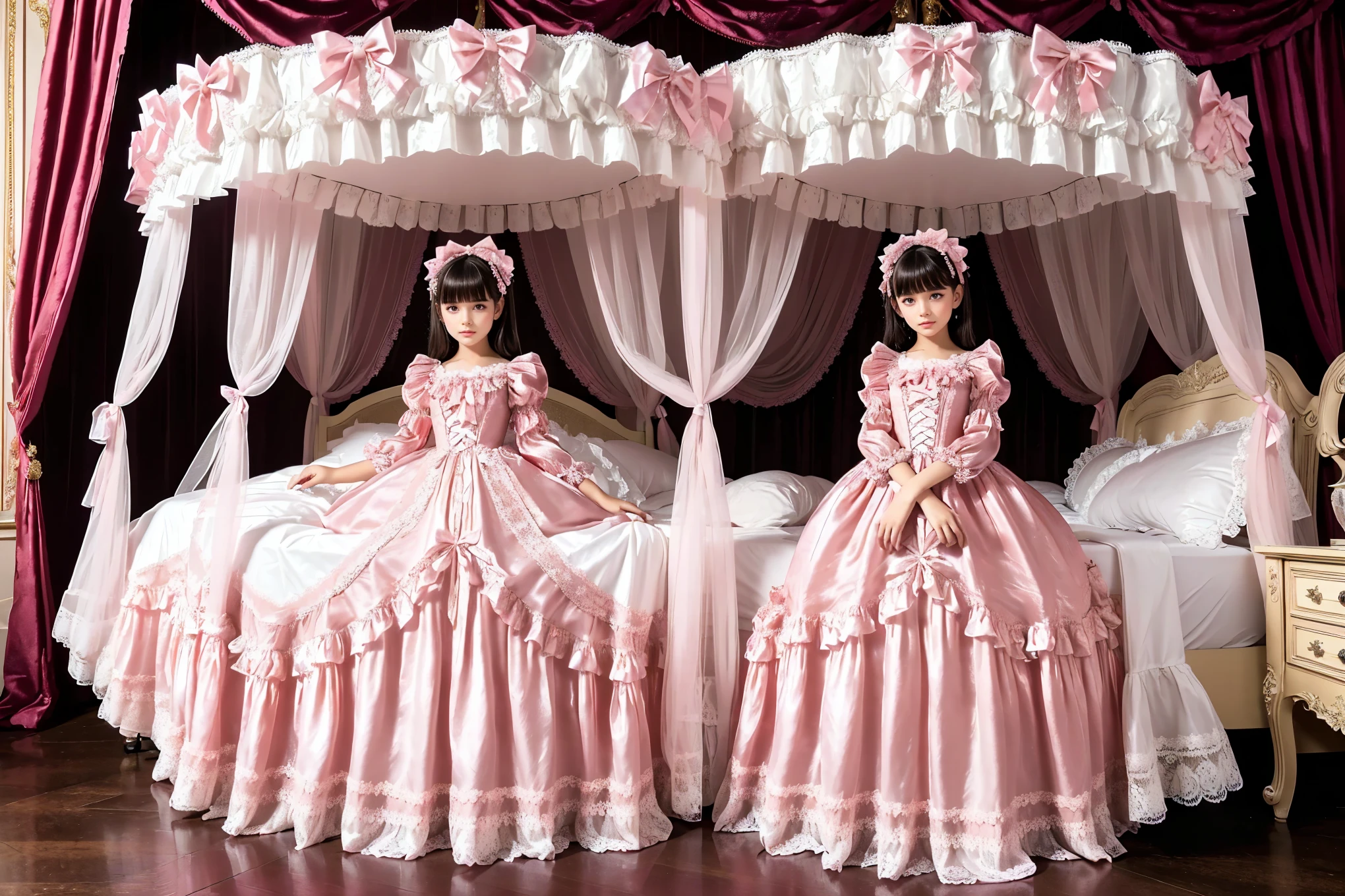 Photography,highest quality, masterpiece, highest resolution, artwork, super それにget used to it, many get used to it, get used to it, それにget used to it,(), Girl, ,the girl is a princess,((girly dark pink satin fabric)), ((A Victorian ballgown dress with plenty of pink ruffles and bows and a voluminous full-length hoop skirt.)),long sleeve,long dress,A dress with lots of frills and ribbons..,luxury,((Palace bedroom)),((Huge square victorian canopy king size bed)),lots of frilly pillows,ruffle bed skirt,