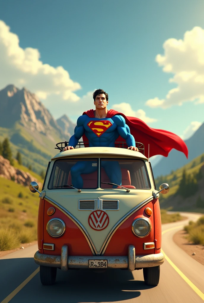 Superman traveling in an open van