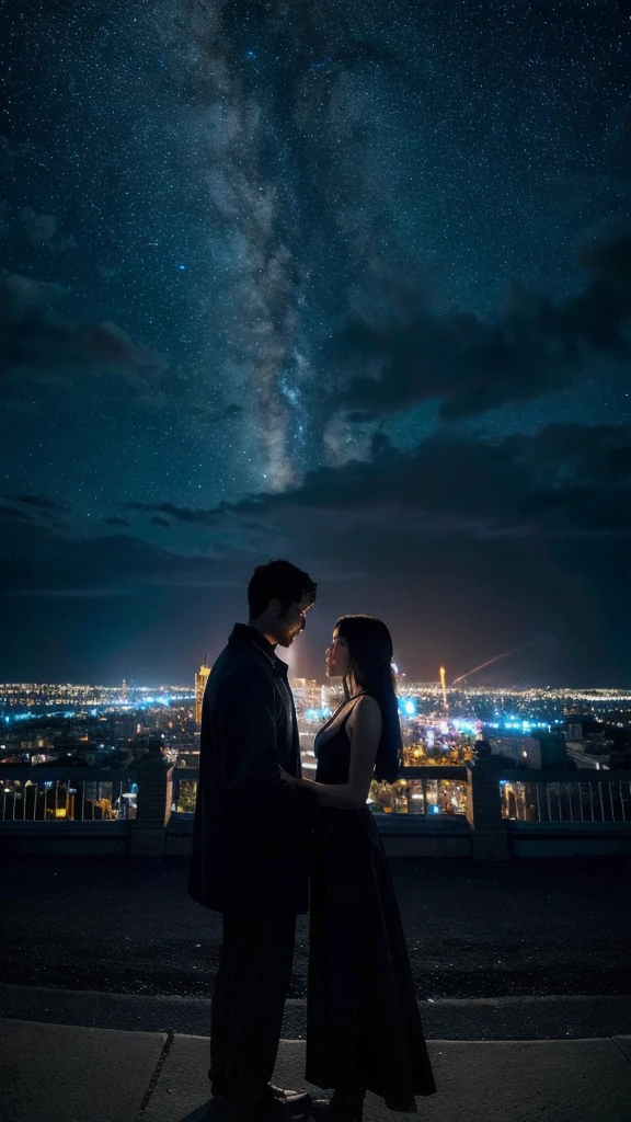 A couple stands against the backdrop of the night sky, creating a beautifully romantic scene adding an air of mystery to the romantic scene, the night sky and city lights, (Raw photo, highest quality), (8K, highest quality, masterpiece: 1.2), Super detailed, super resolution