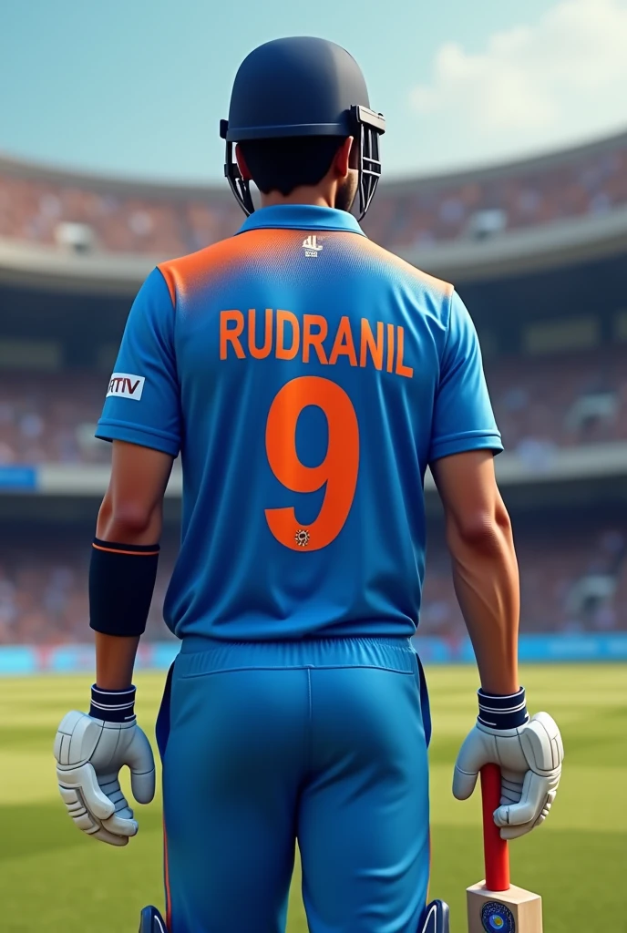 Create a Cricket Player wearing  Indian Cricket Jersey with number 9 and Name in the jersey is Rudranil.