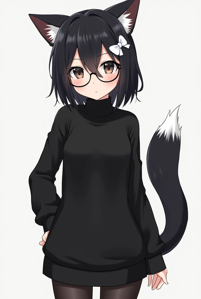 woman has black cat ears with white details inside and appears to have a black fox tail with a white tip. He wears round-framed glasses and has hair with bangs that cover his forehead.. She also has a white hair accessory that looks like a white bow on the right side of her head.. Her outfit includes a black long-sleeved turtleneck sweater and black tights. , big tits full body. anime style