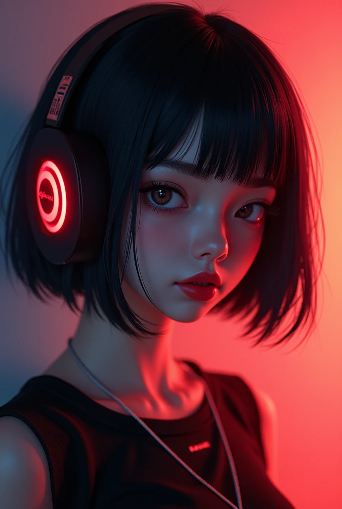 ((RAW Photo), masterpiece, best quality, (Extremely detailed 8k unity CG wallpaper), (best illustration), (best shadow), Realistic lighting, beautiful detailed glow, ((21 years old)), girl, short black hair, red lipstick, wearing headphone (((Photographic Perspective of her)))