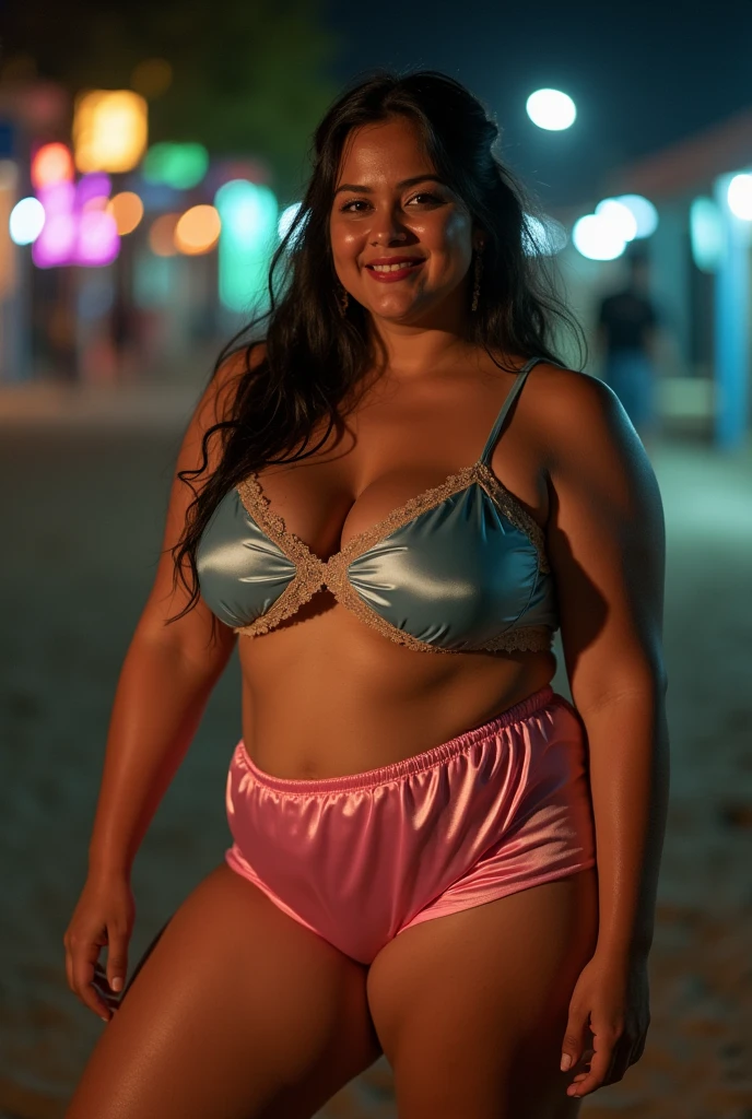 beach club, a full length portrait of curvy pakistani woman, detailed face, 35mm lens, (lipstick) (wearing tight pink+blue+gold satin shorts) plus size woman, smile, sexy, dirty skin, dirty body, dirty with dust, sweaty body, barefoot, black hair, hard light, aperture 5.6, tight satin shirt, abandoned place, various pose (tight satin slip) sharp focus, skin texture, casually posing (highly detailed skin) , skin spots, real skin (outdoor) (night) street lights, skin pores:1.2, skin spots, skin pores, freckles:1.3, (low light) , (transparent half sleeves) (blonde highlights hair) (tied hair) (knees) skin texture, full length, various poses