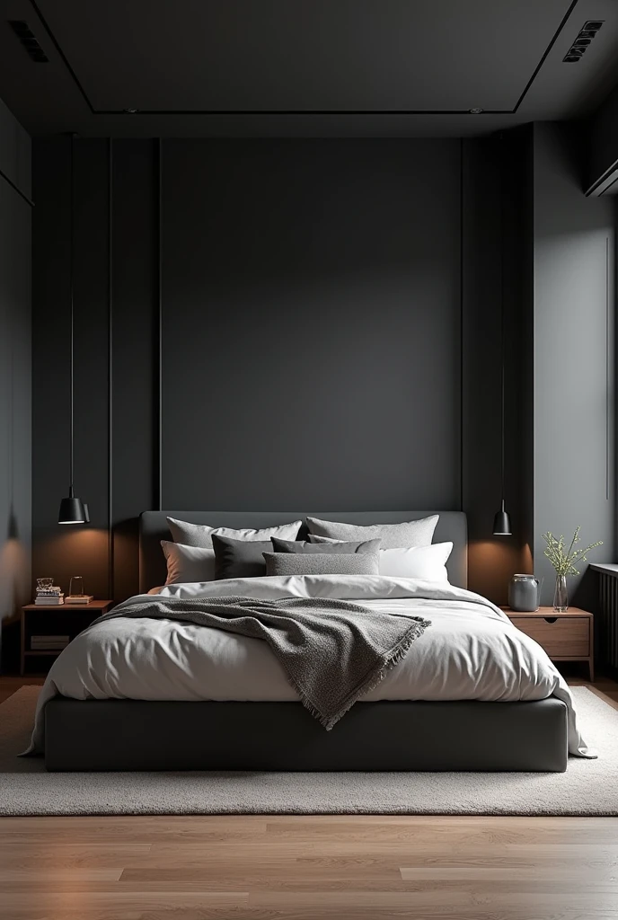 (masterpiece) (detailed description) (best quality) minimal looking bedroom design, masculine theme, dark color with clean paint theme, bed room of man, clean, wooden flooring, king size minimal bed, perfectly organised room