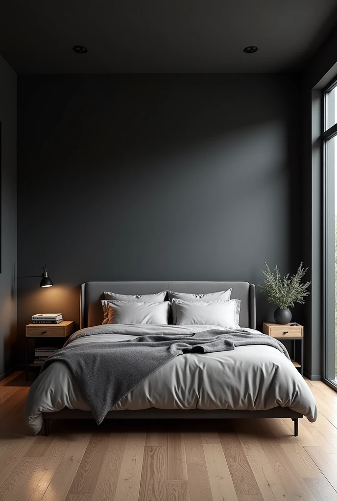 (masterpiece) (detailed description) (best quality) minimal looking bedroom design, masculine theme, dark color with clean paint theme, bed room of man, clean, wooden flooring, king size minimal bed, perfectly organised room