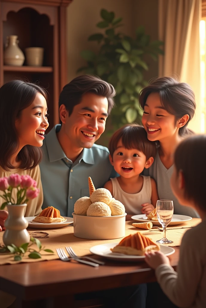 Family eating together at Father&#39;s Day table, in the center of the table there is a box of ice cream. Realistic image in high definition 4k. 