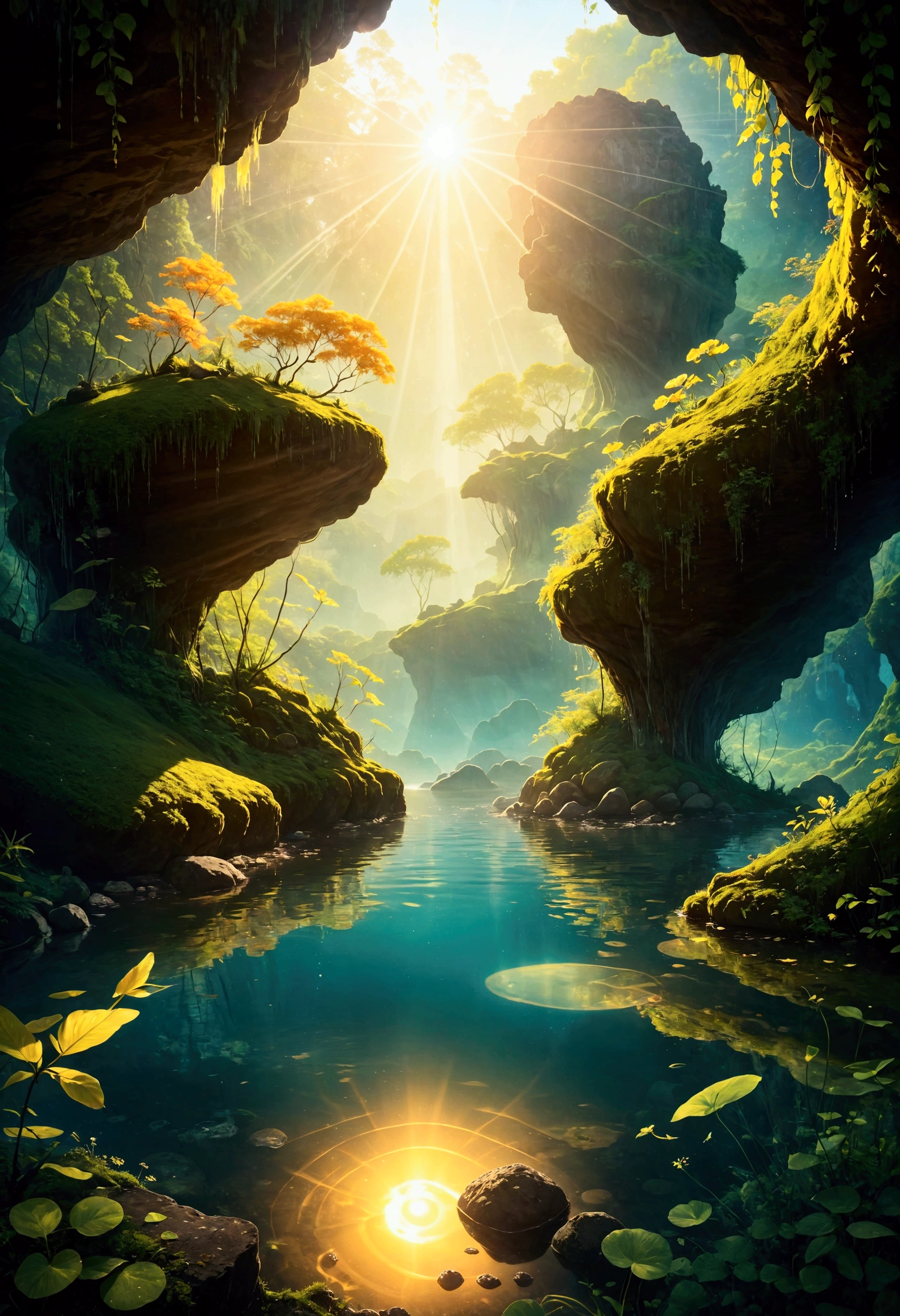 realistic animation, mysterious atmosphere, (best quality, high resolution:1.2), very detailed, realistic, sight, The Enchanted Forest, Beautiful reflection, peaceful atmosphere, soft sunlight, calm valley, Lush green vegetation, A tranquil and peaceful scene, Subtle color palette, Calm atmosphere, breeze, birdsong heard from afar, vivid colors, The freshness of dawn after the rain, magnificent and beautiful, golden sky, underwater rocks, Transparent clear water quality, light reflection on water, ripples on the water, A pattern that makes waves, sublime tranquility, balance, Leisurely and elegant composition, soft lighting, Warm sunlight with golden particles filtering through the leaves.,