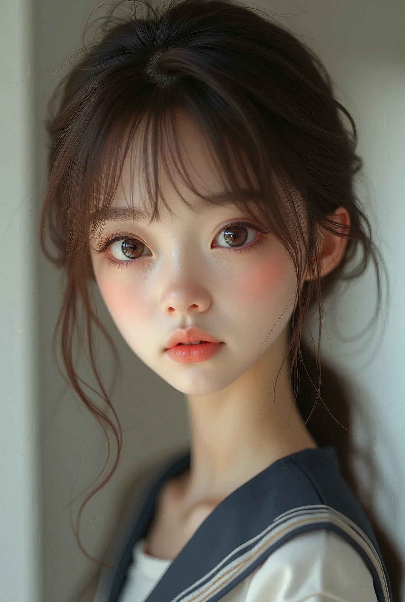 highly detailed Beautiful face, brown straight hair, Bangs, big brown eyes, pale skin, slim, pale skin, hi-school uniform, fine face