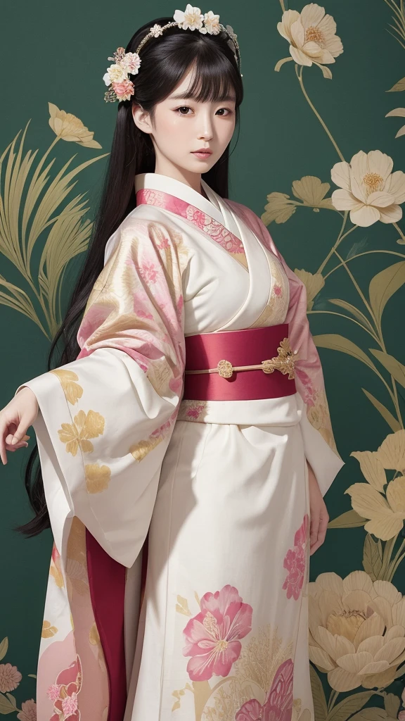 Create an illustration of a Japanese noblewoman from the Heian period, dressed in an elaborate and colorful multi-layered kimono. The kimono should feature intricate floral patterns with a combination of soft yellow, green, and pink colors. The noblewoman has long, straight black hair that flows down her back. Her face is delicate and serene, reflecting the elegance and grace of classical Japanese art. The overall style should be traditional, with attention to detail in the fabric patterns and the posture of the noblewoman, capturing the refinement of the Heian period. The background should be minimal or plain white to emphasize the figure and her clothing.