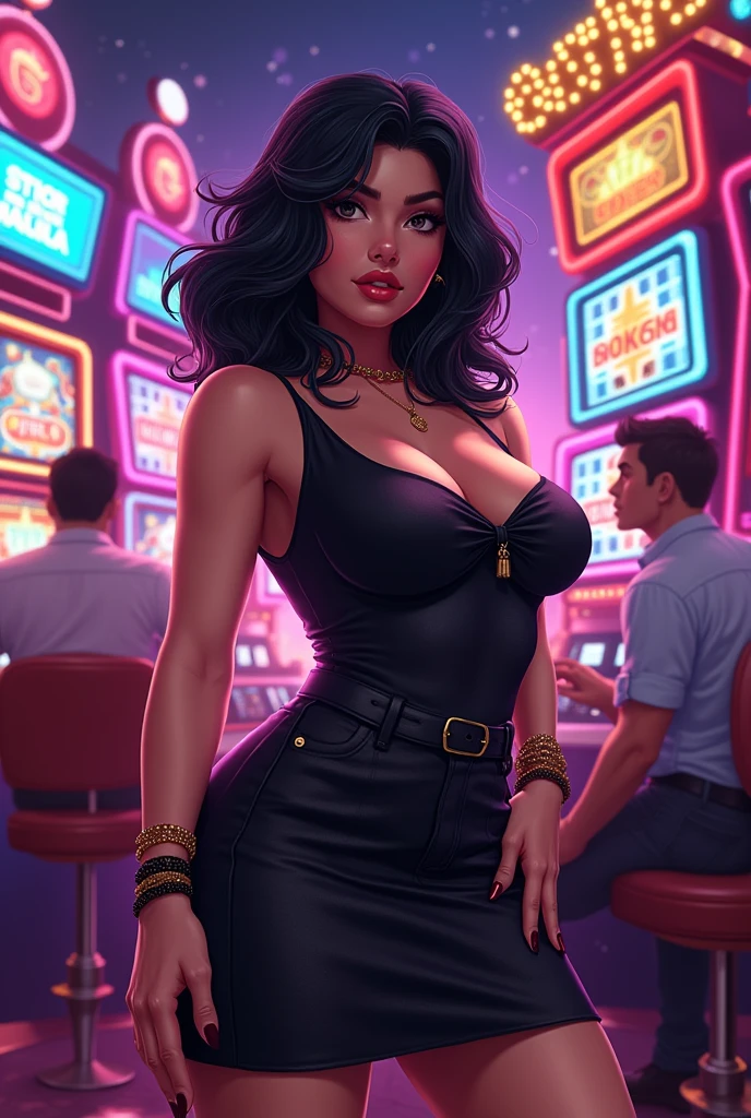 Casino night robust woman black hair chips slot machines glitter Poster casino Bulls kings cashier luciana