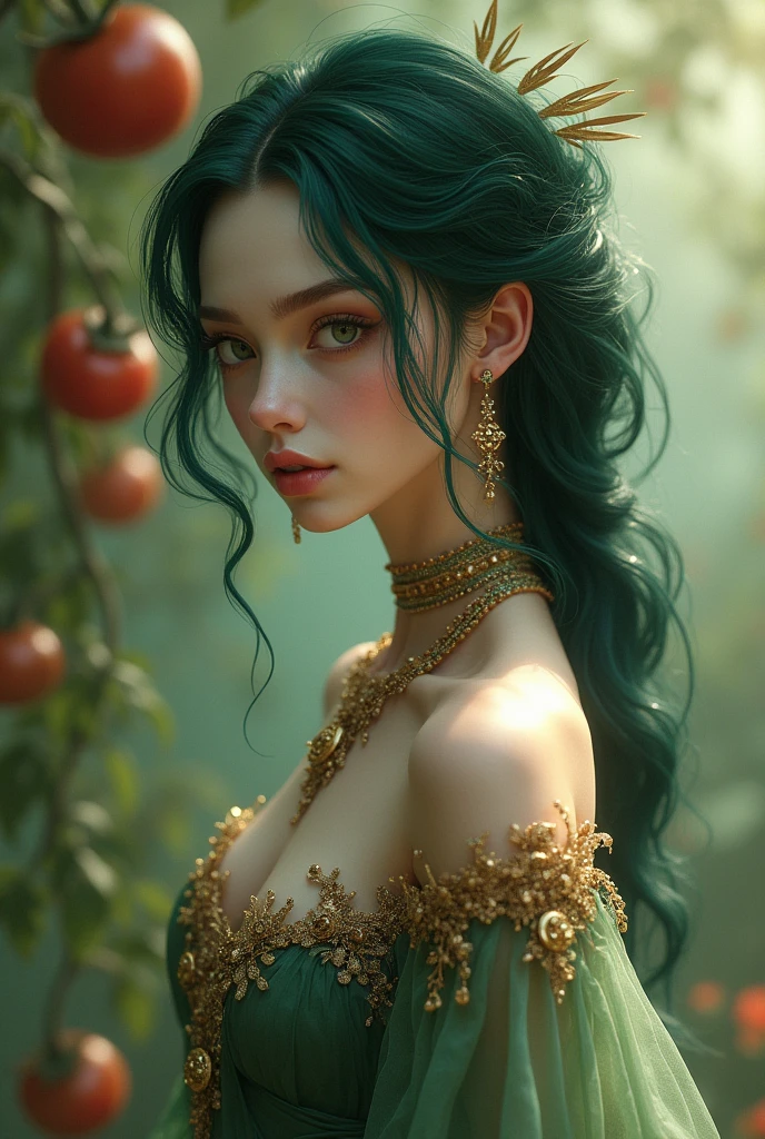 A thin and feminine man, pale skin, of long hair, dark green, picked in a tomato. Wearing an elegant dress and jewelry.