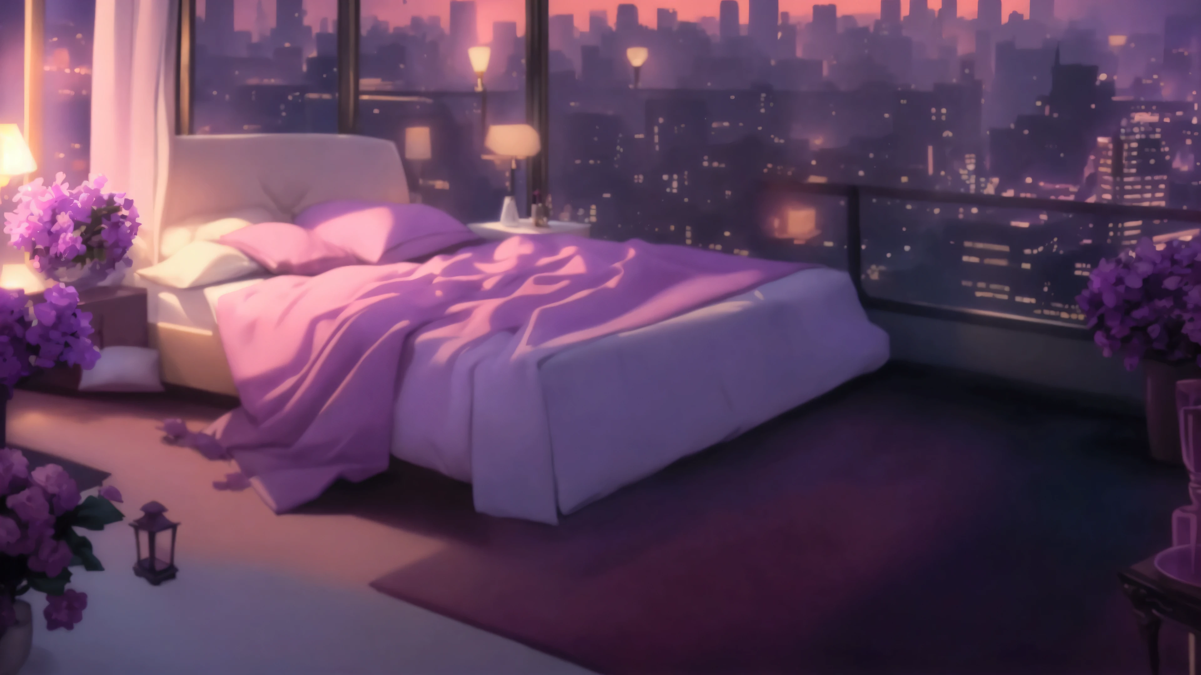 Purple and white bedroom，Warm lighting，Purple light，City view, Bedroom Background,Large French windows，City night scene，Personal room background, Dream Night, Unreal Engine ,Romantic Theme, Night city background, Bedroom at night,The bed has a rectangular purple carpet. Super realistic picture, Night city background,((Head-up view)),carpet，There is a carpet beside the bed，Thick coating style，(Anime style)，Comic style，Hand-painted style，style，Large color blocks