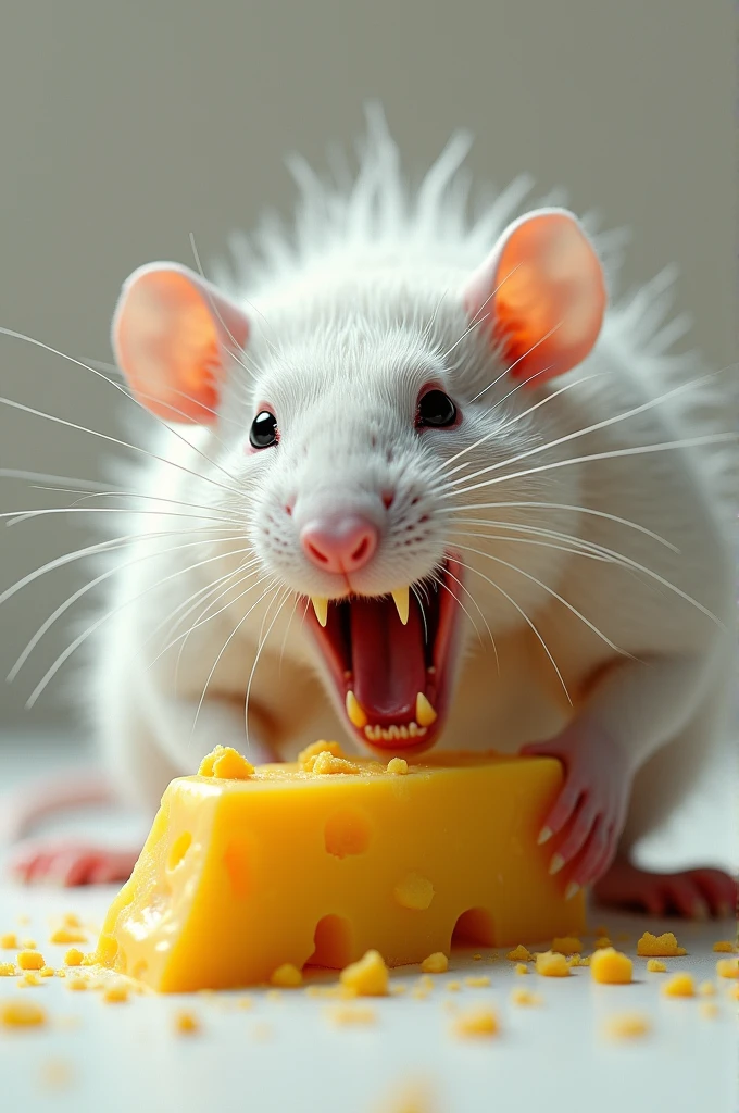 Generate me a hyperrealistic rabid white rat attacking a piece of cheese