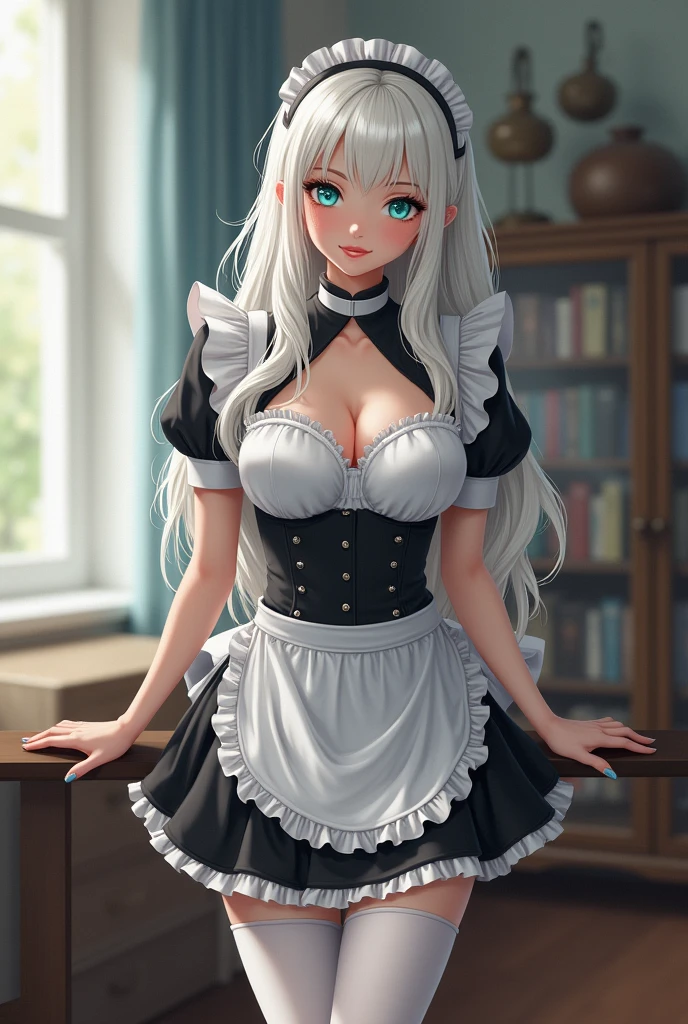 realistisch、top quality、1 girl、Katzenohren ,kurzes Haar, wavy white hair, Speichel, Blaue Augen、Orgasmus, Dirndl in black and white、small breasts, auf alle Vieren