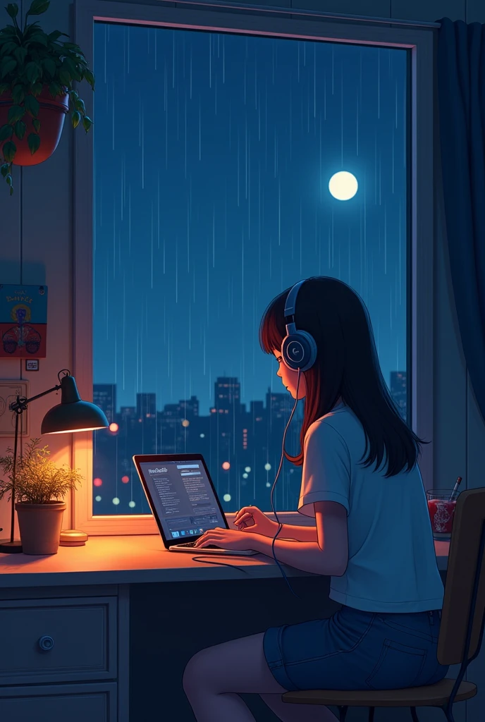 night、Girl listening to music in a cozy room, Use headphones, 2D Style Anime, Rain outside the window、Analog Color Theme、Ghibli style、neon