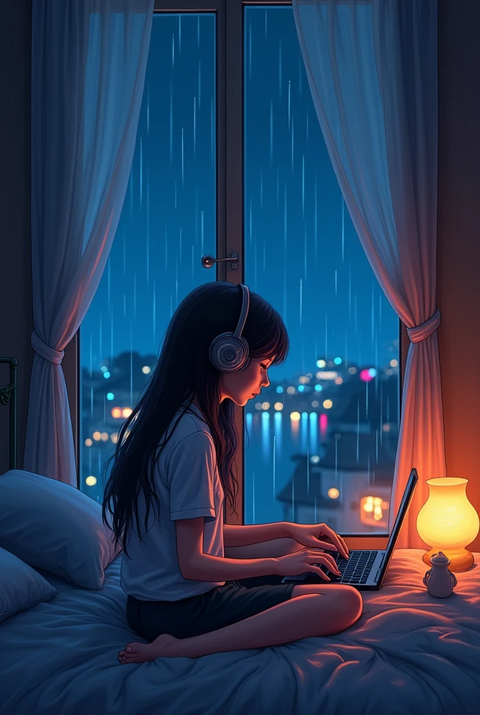 night、Girl listening to music in a cozy room, Use headphones, 2D Style Anime, Rain outside the window、Analog Color Theme、Ghibli style、neon