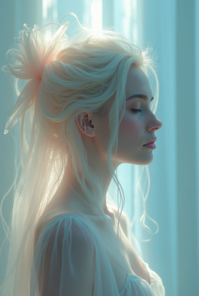 Abstract style hauntingly ethereal portrait of a mysterious figure draped in translucent fabric, crystals adorning their hair, amidst a dreamlike swirl of pastel hues and soft light, evoking a sense of calm serenity and elusive beauty, high detail, award winning masterpiece with incredible details . Non-representational, colors and shapes, expression of feelings, imaginative, highly detailed