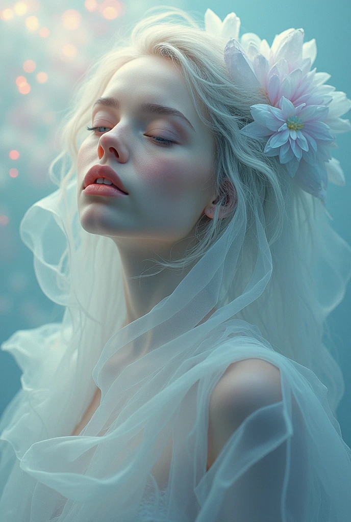 Abstract style hauntingly ethereal portrait of a mysterious figure draped in translucent fabric, crystals adorning their hair, amidst a dreamlike swirl of pastel hues and soft light, evoking a sense of calm serenity and elusive beauty, high detail, award winning masterpiece with incredible details . Non-representational, colors and shapes, expression of feelings, imaginative, highly detailed
