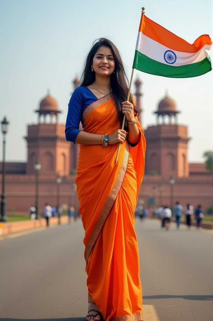 A real 21 years old girl long hair, wearing orange saree Blue blouse sandals 
and the name is Sonika written onher watch the girl is standing on the road with holding a national flag of India and behind her is the Red Fort Delhi. And written on sky"Independence Day" create Realistic Images high quality.