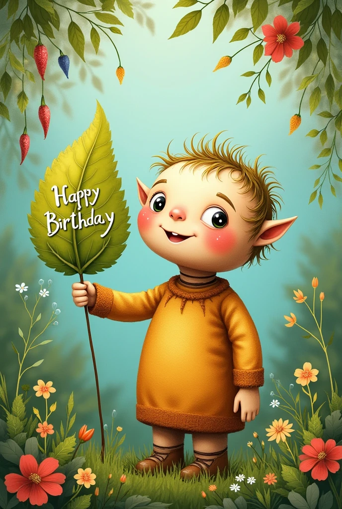 Birthday wishing cute puppet , Happy birthday template on hin hand on leaf