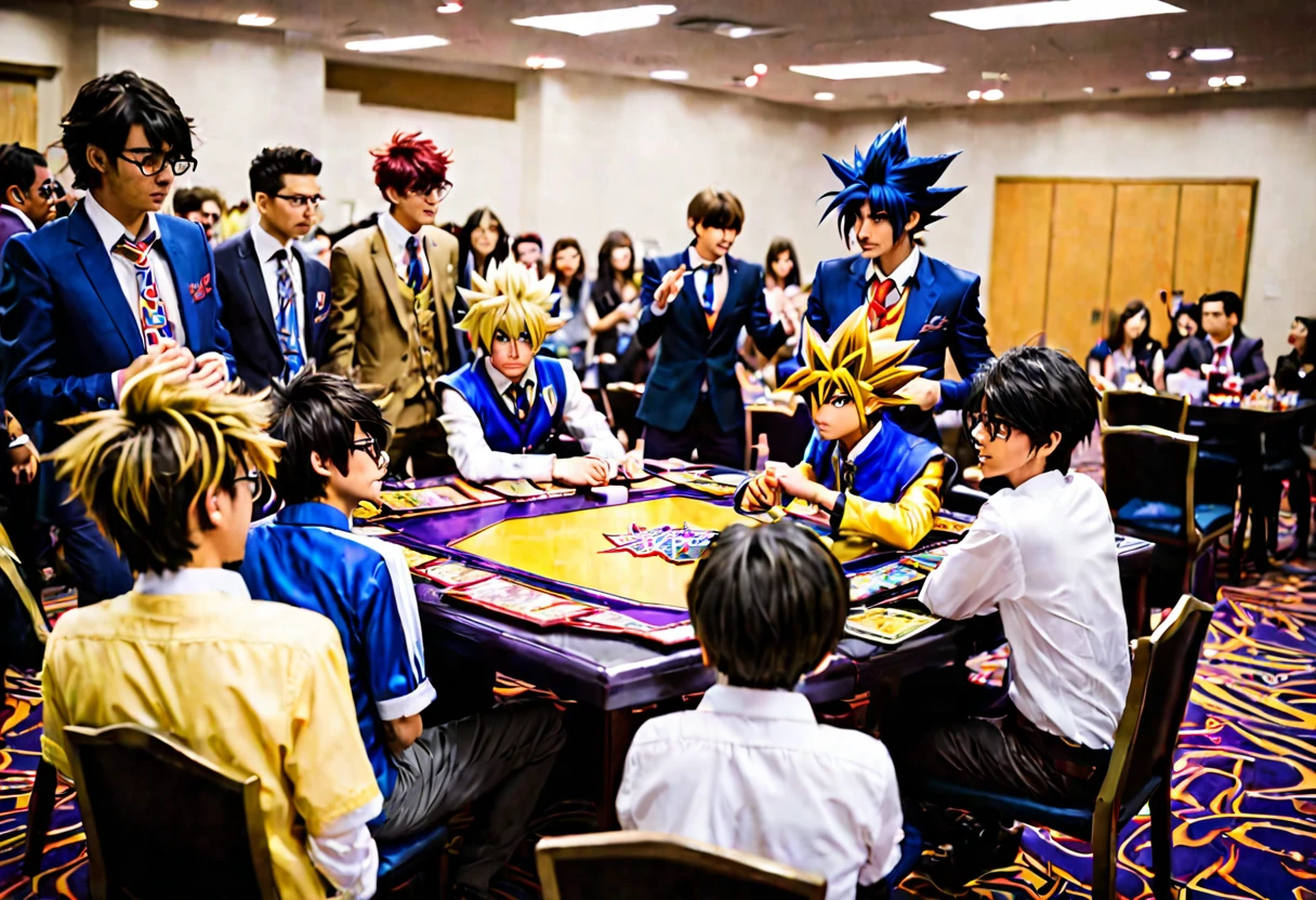 A group of nerdy boys playing Yu-Gi-Oh, detailed intense dueling scene, one boy in elaborate Yu-Gi-Oh cosplay with suit and stylized hair, friends cheering in the background, highly detailed, photorealistic, cinematic lighting, dynamic camera angle, vibrant colors, (best quality,8k,highres,masterpiece:1.2),ultra-detailed,(realistic,photorealistic,photo-realistic:1.37),cinematic composition,dramatic lighting,hyper detailed,vibrant colors,dynamic pose,incredible detail