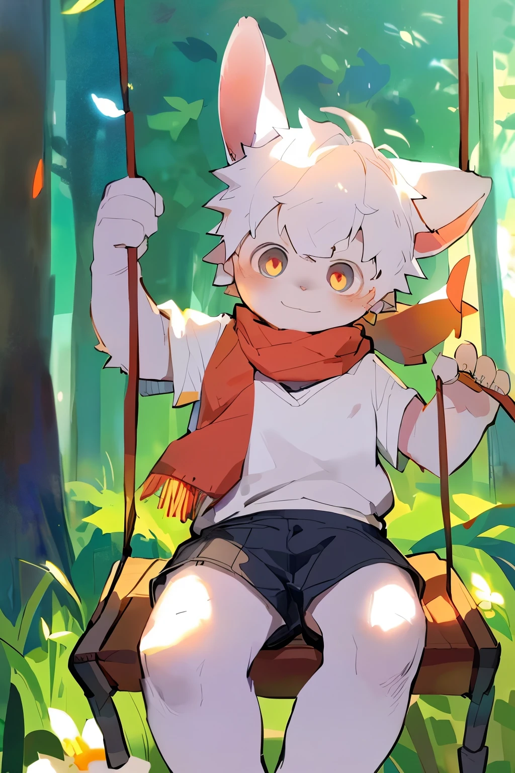 masterpiece, best quality, Perfect anatomical structure, Bright Eyes, Big watery eyes, From milkytiger1145, author：K0BIT0WANI,Pino Deheny, Carney announced, milkytiger1145, dagasi, Yes， boy，Toddler，shota，Dwarf rabbit boy，Bunny ears，Hairy boy，Red pupil，Blue skin，White Arm，White hair，scarf，shorts，Forest Background，Flowers，swing，Swing