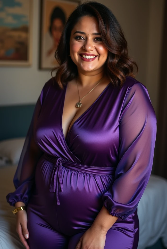 35mm lens, full length portrait, 34 year old pakistani woman, hard light, bedroom, ((slob)) wearing plum blue satin attire, (tight satin) curvy figure, detailed face, 8k, detailed features, dark brown short hair, brown highlight hair, casual posing, human skin (visible facial pores:1.2), human skin has [visible|[(wrinkles:0.625)|small pores]] ((transparent sleeves)) skin texture, detailed skin (lipstick) (half sleeves attire) (plus size woman) (hot mom) wide hips, thick thighs, busty, thick thighs, wide waist, sexy, hot woman, (transparent clothes) sexy satin, dslr, 8k,(smiling)