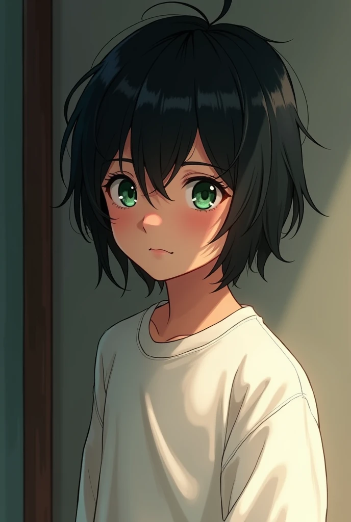 Boy with shoulder length black hair and green eyes wearing a white sweatshirt