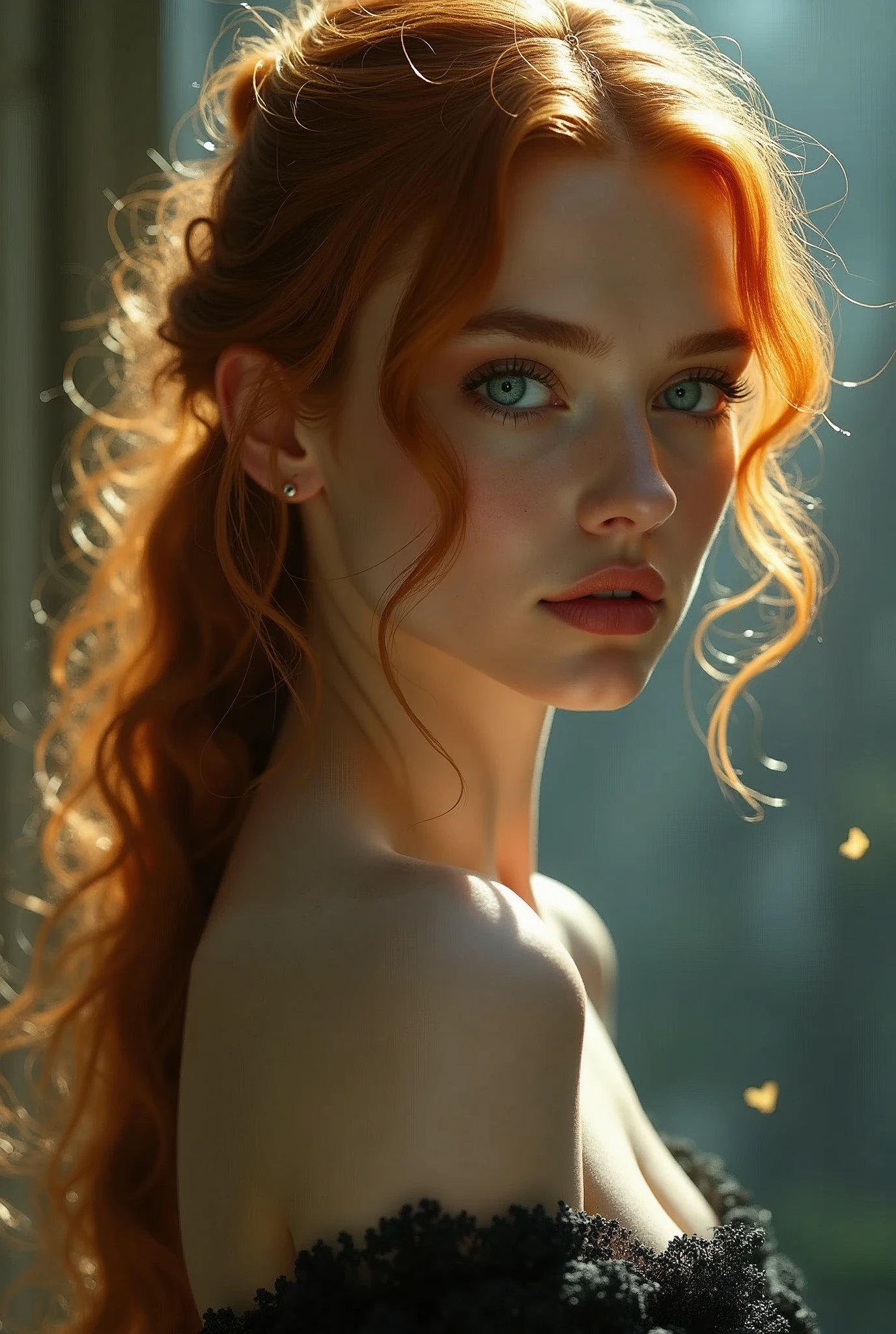 (solo, full body photo:1.3), (action packed:1.3), (haze, fog, mist:1.3), chiaroscuro, best quality, photorealistic, 1woman, (cute), (24yo:1.2), redhead, long ginger hair highly detailed, 1700'S, digital photography, art by artgerm and ruan jia and greg rutkowski surreal painting gold butterfly filigree, broken glass, (masterpiece, sidelighting, finely detailed Fashionable eyes: 1.2) (perfect oval large eyes that gazes at the viewer), beautiful detailed face, blue gorgeous perfect eyes, (blonde hair ponytail), (attractive young woman:1.3), (thick amazing hair), (seductive:1.1), (blushing:1.1)