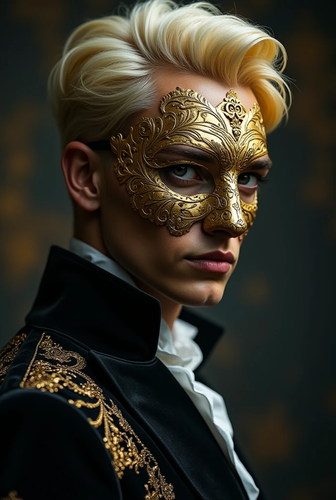 a man with a mask, golden details, blonde yellow and white hair, thin face, detailed face, sharp features, elegant, mysterious, dramatic lighting, cinematic, chiaroscuro, rich colors, ornate, majestic, intricate, ornamental, luxurious, regal, high quality, photorealistic, cinematic, dramatic, masterpiece, MAN DARK