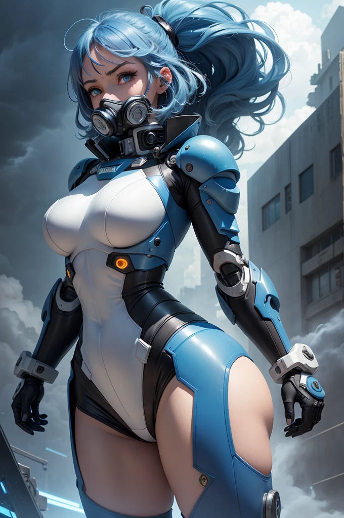 View from below angle from below girl mecha half cyborg, modifications, She has a curvy figure but a narrow waist., she has long blue hair, with blue eyes, with a gas mask on his face, cybernetic suit blue, costume parts with blue lights and LEDs, a multitude of glowing blue lines and lights, hands prosthetics, gorgeous body, short sports shorts that highlight her big wide hips, but it is covered by a mechanical suit, flat horizon photo, anime style pictures, на backgroundе изображения синее небо, clouds and lights and glare in large quantities, and also blue fog and smoke , background: blue sky with clouds