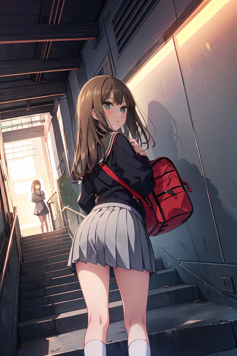 animese anime girl in skirt and blouse with suitcase walking up the stairs, 1girl, stairs, skirt, long hair, shibuya rin, looking at viewer, looking back, bag, solo, grey skirt, school uniform, pleated skirt,covering ass, from behind, blush, long sleeves, bangs, school bag,((low angle)),Hands behind your hips.