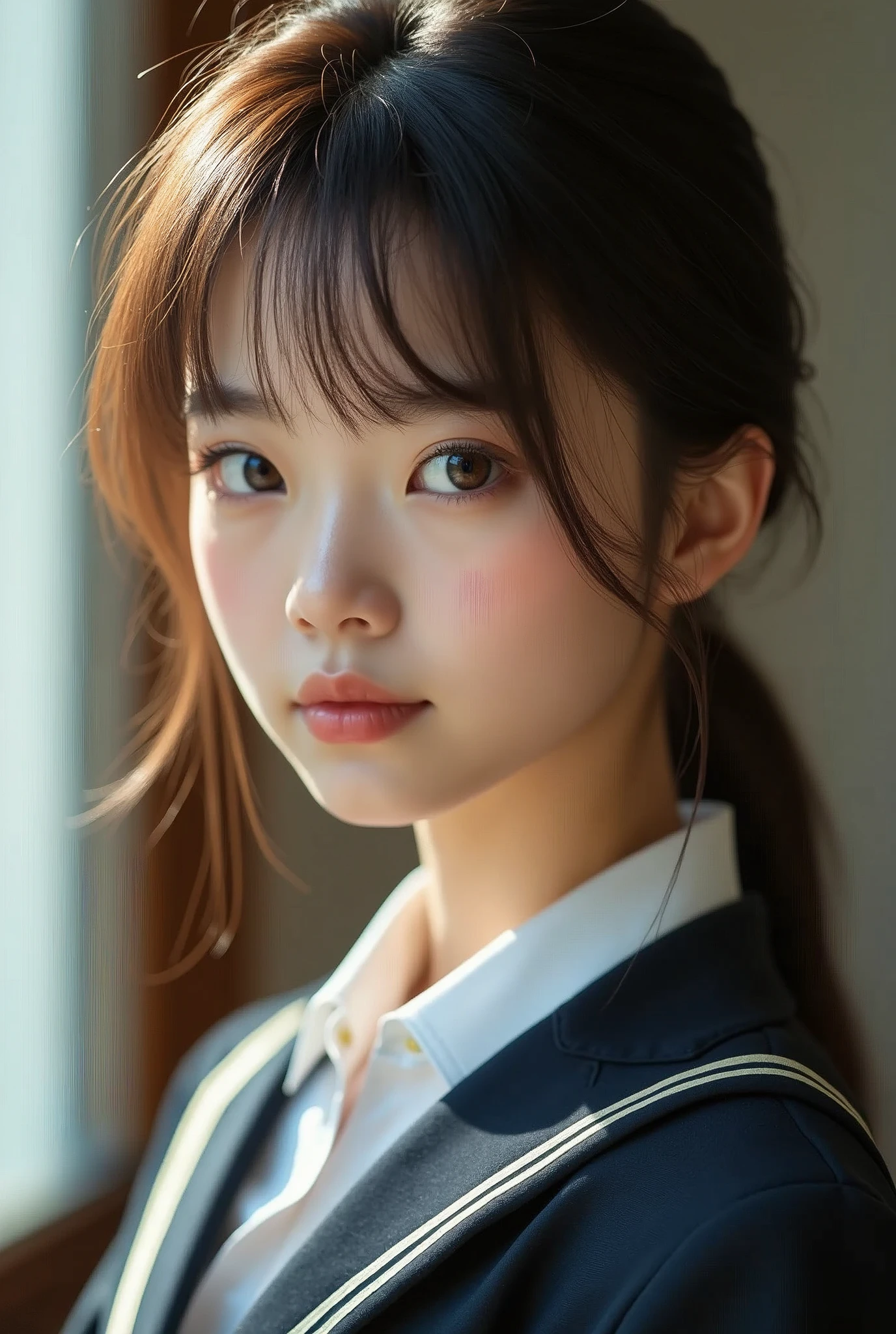 highly detailed Beautiful face, brown straight hair, Bangs, big brown eyes, pale skin, slim, pale skin, hi-school uniform, fine face