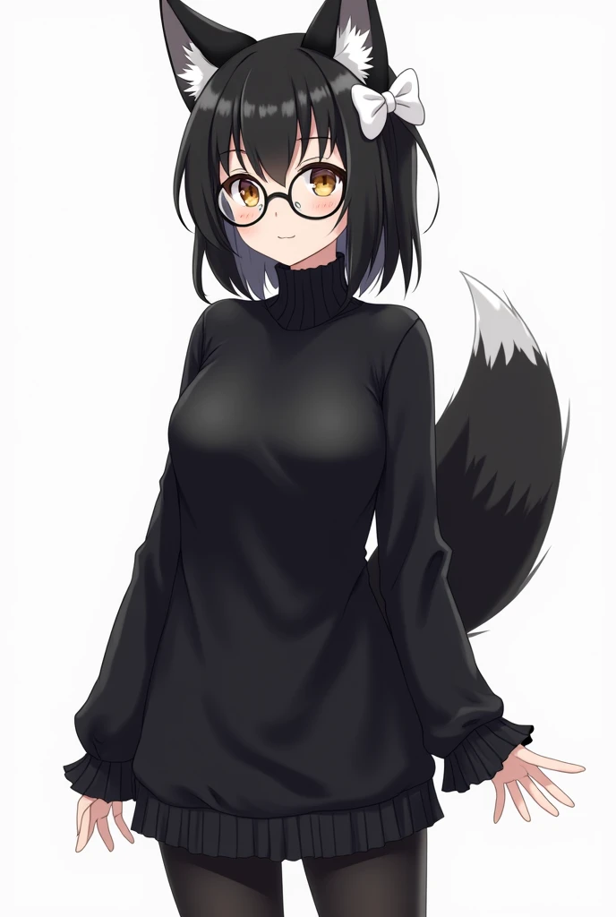woman has black cat ears with white details inside and appears to have a black fox tail with a white tip. He wears round-framed glasses and has hair with bangs that cover his forehead.. She also has a white hair accessory that looks like a white bow on the right side of her head.. Her outfit includes a black long-sleeved turtleneck sweater and black tights. , big tits full body. anime style