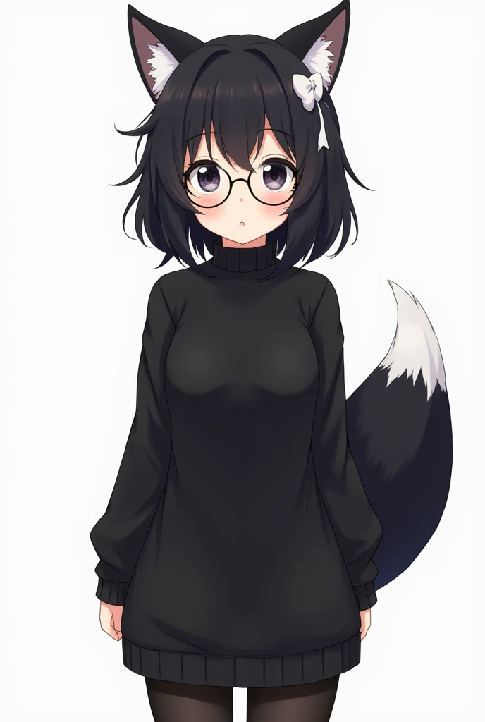 woman has black cat ears with white details inside and appears to have a black fox tail with a white tip. He wears round-framed glasses and has hair with bangs that cover his forehead.. She also has a white hair accessory that looks like a white bow on the right side of her head.. Her outfit includes a black long-sleeved turtleneck sweater and black tights. , big tits full body. anime style