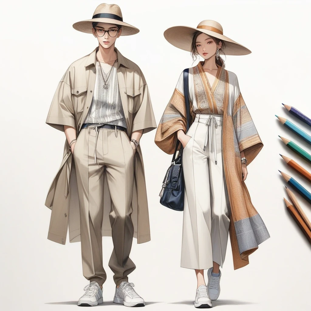 candid fashion illustration of young 2man and 1girl, aged 18-23 year old, tall and slender, Mixed race male super model, ((showcase fashion in a cotton outfits inspired by designer Christian Dior resort collection 2023)), in elegant modern Trible style with ((ethnic woven details)), natural Earth tone color. The 1st man wears an oversized shirt with Trible embroidery and lace details, paired with slim-fit Pants, semi hard bugle. The 2nd man complements him in a white lace shirt and patchwork Yukata, paired with big striped Drawstring short, side entry pockets and completes the look with white sneakers, glasses. the woman wearing a dress in cotton woven, ethnic pattern detail, frill-trimmed with lace, Her ensemble includes an accessorizes with a wide-brimmed straw hat, white sneakers. Captured all in a ((full-body pose)), ((pencil color drawing on white paper)), realistic pencil lines, imperfect drawing, charcoal lines detail, fading sketch, fashion Sketching, low angle view, (full body image)