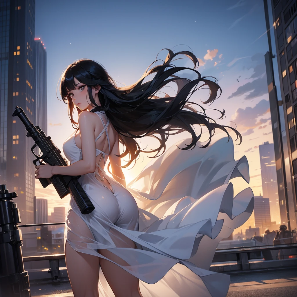 a beautiful woman with long black hair, wearing a tight white dress, standing holding a rifle, aiming the barrel at the bad guys, on a tall building, the sun is setting, close up.
