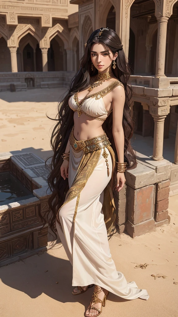 Ancient persian young beautiful woman with dark brown long with smooth curls. She has light brown eyes. She is dressed in a typical ancient persian desert princess outfit. She stands in front of her royale palace. Her face is smoothly mature but still young and beautiful. She has some lara croft shape face with square jawline