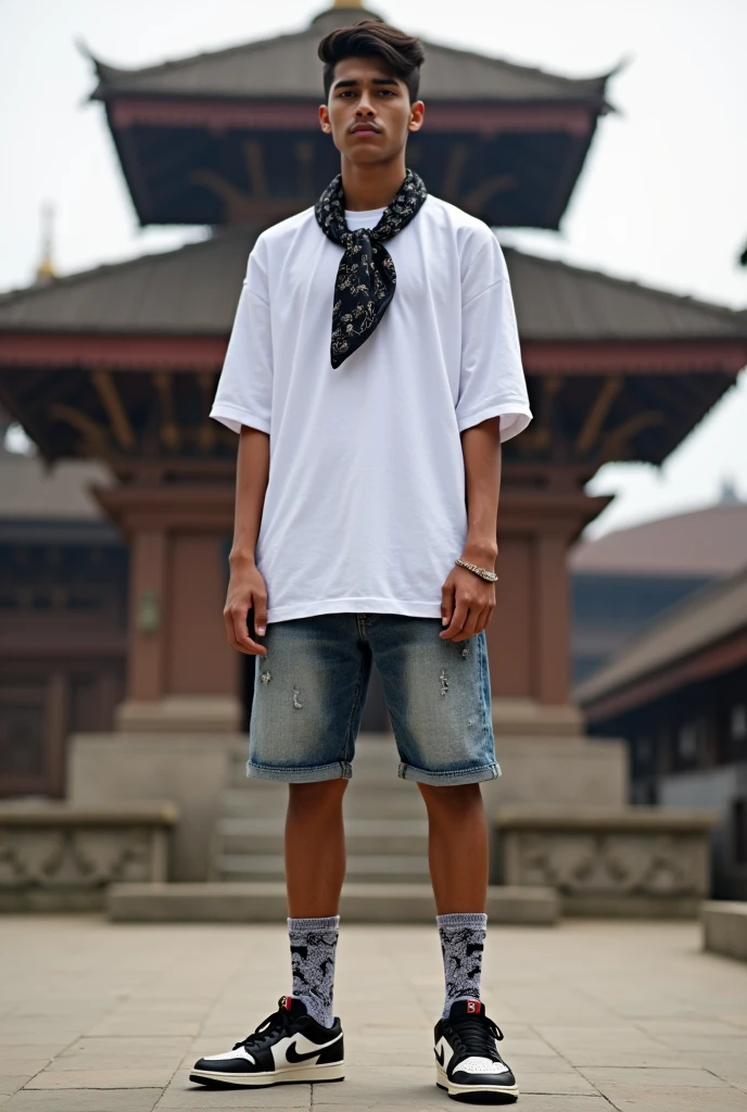 A Nepali guy of age around 23 from behind view 5.4 ft in height and 72 kg in weight a little fat, Standing in front of temple in kathmandu, in a cool get up wearing oversized tshirt , jaded jeans shorts, nike jordan shoes with sexy printed socks and short hair. And handkerchief tied in neck.