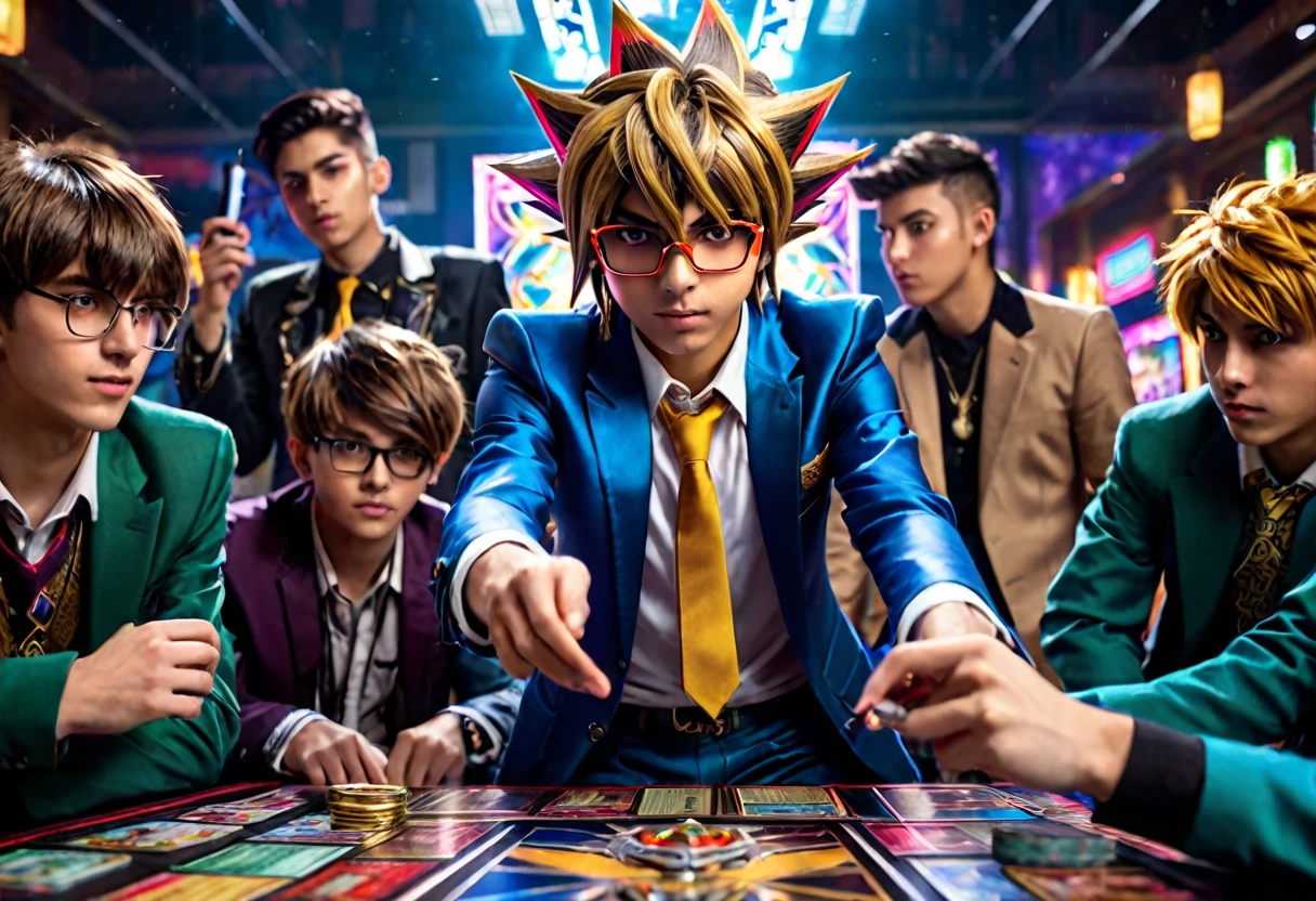 A group of nerdy boys playing Yu-Gi-Oh, detailed intense dueling scene, one boy in elaborate Yu-Gi-Oh cosplay with suit and stylized hair, friends cheering in the background, highly detailed, photorealistic, cinematic lighting, dynamic camera angle, vibrant colors, (best quality,8k,highres,masterpiece:1.2),ultra-detailed,(realistic,photorealistic,photo-realistic:1.37),cinematic composition,dramatic lighting,hyper detailed,vibrant colors,dynamic pose,incredible detail
