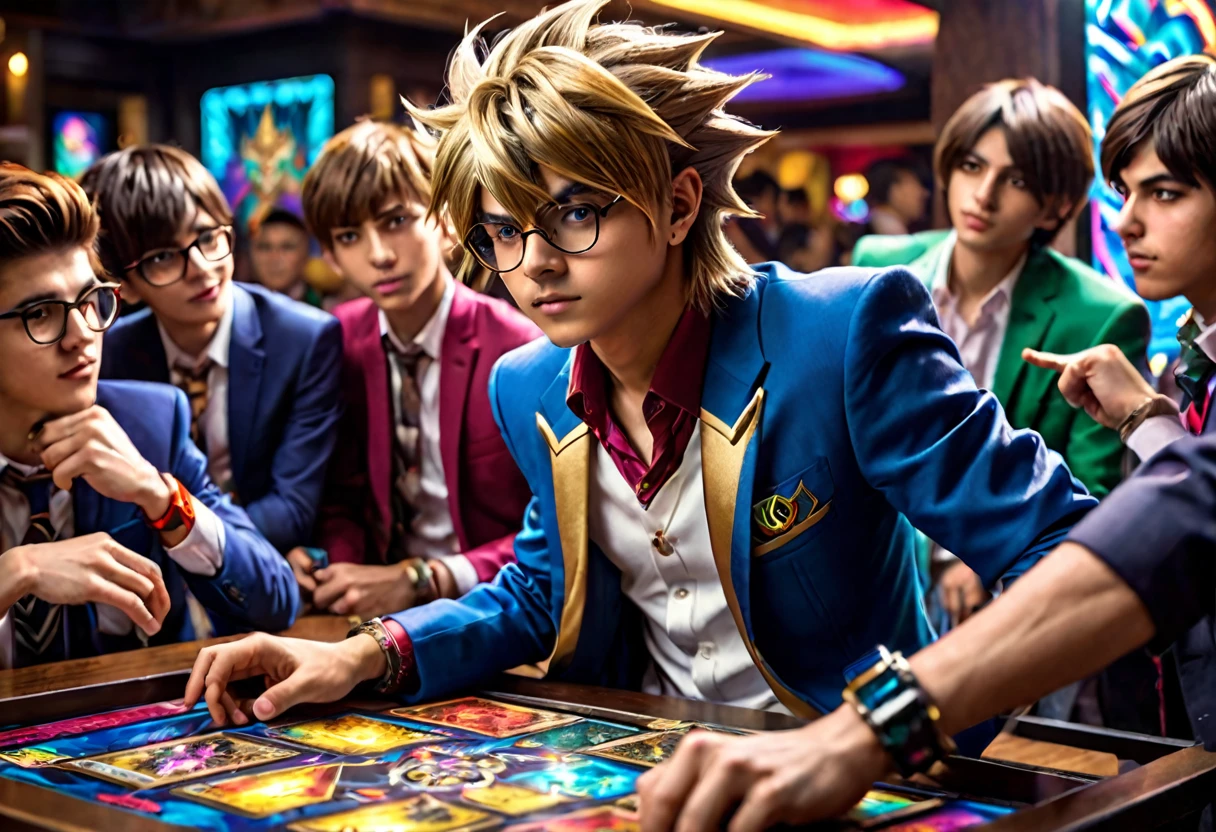 A group of nerdy boys playing Yu-Gi-Oh, detailed intense dueling scene, one boy in elaborate Yu-Gi-Oh cosplay with suit and stylized hair, friends cheering in the background, highly detailed, photorealistic, cinematic lighting, dynamic camera angle, vibrant colors, (best quality,8k,highres,masterpiece:1.2),ultra-detailed,(realistic,photorealistic,photo-realistic:1.37),cinematic composition,dramatic lighting,hyper detailed,vibrant colors,dynamic pose,incredible detail