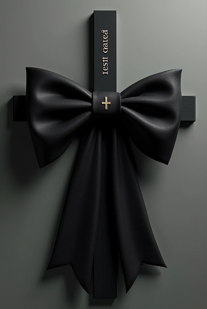 Give me the image of a black bow, which is a bar crossed with the words of "I rest in peace"