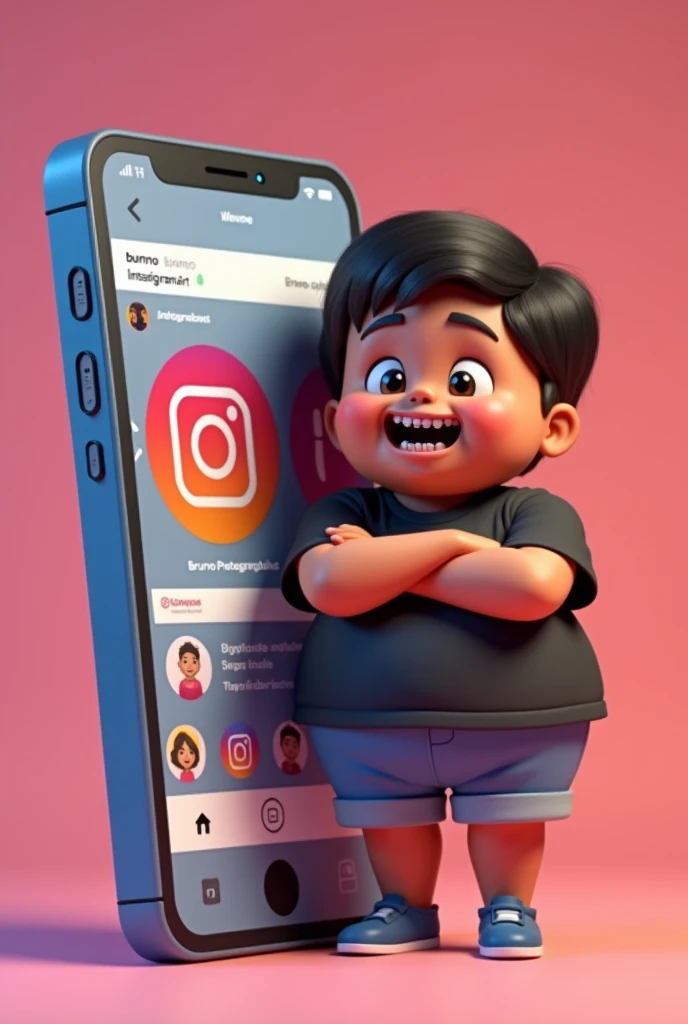 Create a 3D illustration of an animated brunette character standing with arms crossed casually next to a social media logo "instagramart". The character must wear a black t-shirt, short hair, darkskin, slightly slanted eyes, has a chubby body , and braces on his teeth holding an iPhone. The background of the image is a social media profile page with the username "bruno photographs " and a matching profile photo.